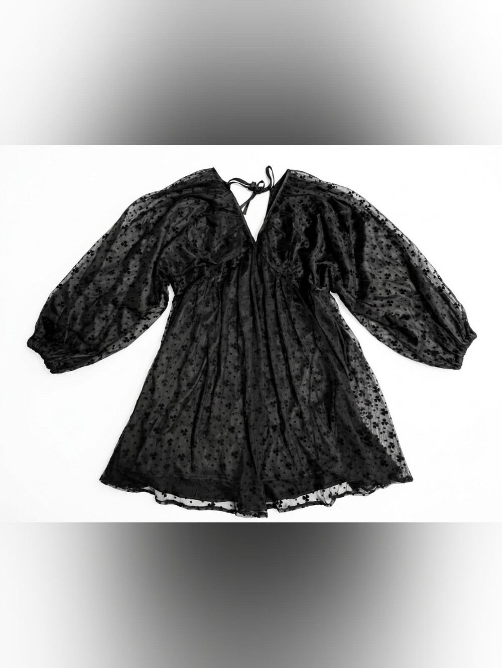 STORIA Sz M Black Sheer Flocked Floral Mini Dress Tie V-Neck Dark Romance Witchy